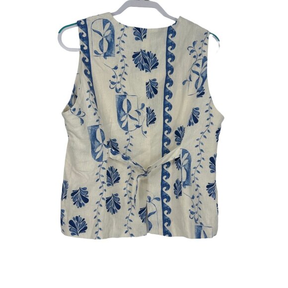 🌊 NWT Rachel Zoe Blue Ivory Linen Blend Baroque Print Top L 🌊 - Picture 2 of 8